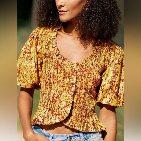 Love The Label Abstract Smocked Blouse Anthropologie Gold Rust Cotton Batik NWT - Picture 4 of 15
